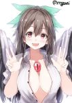  1girl black_wings blush breasts brown_hair cape cleavage colored double_v hair_ornament hair_ribbon long_hair looking_at_viewer open_mouth puffy_sleeves red_eyes reiuji_utsuho ribbon short_sleeves simple_background sketch smile solo third_eye touhou twitter_username unbuttoned upper_body v white_background wings wowoguni 