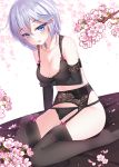  1girl anastasia_(idolmaster) black_legwear blue_eyes bra breasts cherry_blossoms garter_belt garter_straps gendo0033 idolmaster idolmaster_cinderella_girls short_hair silver_hair smile solo thigh-highs underwear 