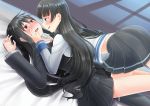  2girls bed black_hair blush commentary_request finger_in_mouth girl_on_top hatsushimo_(kantai_collection) isokaze_(kantai_collection) kantai_collection licking_lips long_hair multiple_girls open_mouth red_eyes skirt tears tongue tongue_out yuri zaki_(2872849) 