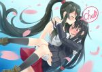  2girls arms_around_neck black_hair blush carrying closed_eyes commentary_request forehead_kiss gloves hatsushimo_(kantai_collection) kantai_collection kiss long_hair multiple_girls open_mouth petals ponytail princess_carry yahagi_(kantai_collection) yuri zaki_(2872849) 