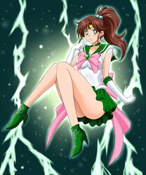  1girl absurdres bishoujo_senshi_sailor_moon boots bow brooch brown_hair choker earrings elbow_gloves flower_earrings gloves green green_background green_boots green_eyes green_skirt hair_bobbles hair_ornament highres jewelry kino_makoto lightning magical_girl pink_bow pleated_skirt ponytail sailor_collar sailor_jupiter short_hair skirt solo soukichi super_sailor_jupiter tiara white_gloves 