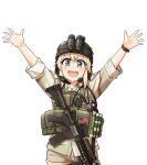  1girl arms_up blonde_hair blue_eyes commentary_request military open_mouth original shino_(r_shughart) short_hair smile solo tagme 