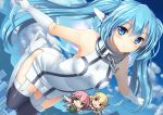  3girls :d akidenmania android angel_wings astraea black_legwear blonde_hair blue_eyes blue_hair blue_sky boots breasts building chain chibi clouds collar flying food frown fruit garter_straps gloves highres ikaros knee_boots long_hair looking_at_viewer multiple_girls nymph_(sora_no_otoshimono) open_mouth outstretched_arms red_eyes robot_ears side_slit sky sleeveless smile solo_focus sora_no_otoshimono spread_arms thigh-highs twintails very_long_hair watermelon white_gloves wings 