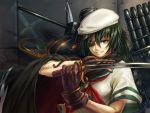  1girl cape clenched_teeth eyepatch gloves green_eyes green_hair grin hat holding_sword holding_weapon kantai_collection kiso_(kantai_collection) looking_at_viewer machinery nogiguchi_kohiro red_ribbon remodel_(kantai_collection) ribbon school_uniform serafuku short_hair short_sleeves smile solo sword upper_body weapon 