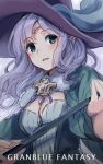  1girl bangs blue_eyes blush circlet copyright_name dress fur_trim granblue_fantasy green_dress hat lavender_hair lennah long_hair long_sleeves looking_away looking_to_the_side open_mouth solo staff wide_sleeves wizard_hat yashiro_seika 