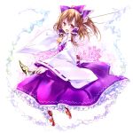  1girl :o alternate_color ascot blush bow brown_hair bulbonne detached_sleeves gohei hair_bow hair_tubes hakurei_reimu looking_at_viewer ofuda open_mouth red_eyes ribbon-trimmed_sleeves ribbon_trim shoes simple_background solo touhou white_background 