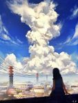  1girl arms_at_sides black_hair blue_dress blue_sky blurry building city cityscape clouds cloudy_sky depth_of_field dress facing_away from_behind horizon long_hair looking_afar m.b original outdoors power_lines rooftop scenery signature sitting sky solo transmission_tower 