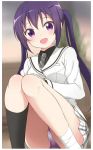  1girl bandages black_legwear blazer blush gochuumon_wa_usagi_desu_ka? itamochi long_hair looking_at_viewer necktie open_mouth panties pantyshot pantyshot_(squatting) purple_hair purple_panties school_uniform smile solo sprain squatting tedeza_rize twintails underwear violet_eyes　mecha_sophie 