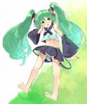  1girl :d barefoot detached_sleeves fang feet glasses goiro_(doukutsuwa) green_eyes green_hair hatsune_miku highres legs long_hair navel open_mouth sailor_collar semi-rimless_glasses smile solo tattoo toes twintails very_long_hair vocaloid 