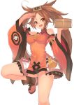  1girl arm_up bamboo_steamer bare_shoulders blush breasts brown_eyes brown_hair china_dress chinese_clothes detached_sleeves guilty_gear guilty_gear_xrd hair_tubes highres kame^^ kuradoberi_jam large_breasts leg_up long_hair open_mouth panties salute skirt smile solo standing_on_one_leg underwear very_long_hair white_panties wide_sleeves 