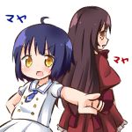  2girls aoki_hagane_no_arpeggio back-to-back blue_hair brown_eyes brown_hair crossover gochuumon_wa_usagi_desu_ka? hana_kazari jouga_maya long_hair maya_(aoki_hagane_no_arpeggio) multiple_girls namesake pointing school_uniform serafuku yellow_eyes 