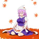  1girl :d ^_^ apron autumn_leaves blush breasts cato_(monocatienus) closed_eyes facing_viewer hat juliet_sleeves lapel_pin large_breasts letty_whiterock long_sleeves open_mouth pink_hair polearm puffy_sleeves scarf sitting skirt smile solo touhou trident vest wariza wavy_hair weapon 