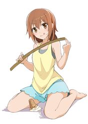  1girl :p anitore!_ex bangs bare_legs bare_shoulders barefoot blue_shorts bra brown_eyes brown_hair feet food food_on_face full_body grey_bra head_tilt highres holding hoshi_asami ice_cream ice_cream_cone ice_cream_cone_spill konnyaku_(kk-monmon) legs licking_lips looking_at_viewer ruler shirt shorts simple_background sitting sleeveless smile solo sports_bra tank_top tongue tongue_out underwear wariza white_background yellow_shirt 