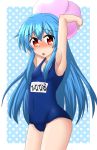  1girl :o alternate_costume armpits arms_up belly blue_hair blush carrying_overhead covered_navel food food_on_head fruit fruit_on_head full-face_blush hinanawi_tenshi long_hair object_on_head open_mouth peach red_eyes sad school_swimsuit small_breasts solo swimsuit teoi_(good_chaos) touhou very_long_hair 