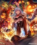  1girl :d animal_ears ass_visible_through_thighs bangs black_legwear blue_eyes blue_hair bow bowtie breasts bunnysuit chain cleavage crescent crossed_arms detached_collar fake_animal_ears gloves granblue_fantasy halloween hat hat_removed headwear_removed highres jack-o&#039;-lantern jacket_on_shoulders lamp lee_hyeseung long_hair looking_at_viewer night night_sky official_art open_mouth palm_tree pantyhose pov pumpkin rabbit_ears red_bow red_shoes shingeki_no_bahamut shoes silk sky smile solo_focus spider_web star stepped_on string_of_flags sword therese_(granblue_fantasy) tree weapon witch_hat 