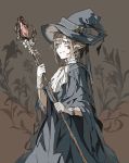  (sigmasmail) absurdres blue_eyes brown_hair cape crystal earrings elf facial_mark floral_background flower gem gloves hat highres jewelry neckerchief pointy_ears shiguma staff witch witch_hat 