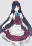  1girl artist_name blush breasts brown_eyes dated dress grey_background grey_legwear hair_over_one_eye hayashimo_(kantai_collection) kantai_collection long_hair looking_at_viewer maid rokuwata_tomoe simple_background smile solo twitter_username very_long_hair 