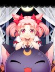  1girl bishoujo_senshi_sailor_moon bow chibi_usa chin_rest crescent curtains double_bun full_moon hair_bow jewelry luna-p moon pendant pink_eyes pink_hair rukun00 smile twintails 
