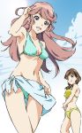  2girls adjusting_hair bikini blue_eyes brown_hair clouds collarbone long_hair looking_at_viewer mole multiple_girls navel open_mouth smile swimsuit tied_hair umanosuke 