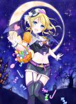  1girl ayase_eli bat_wings blonde_hair blue_eyes blush candy crescent_moon halloween hat highres long_hair love_live!_school_idol_project moon open_mouth ponytail pumpkin shino_(shinderera) smile solo thigh-highs wings witch_hat 