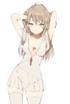  1girl arms_up ass_visible_through_thighs bangs blue_eyes breasts cleavage closed_mouth covered_navel cowboy_shot frills hands_in_hair light_brown_hair long_hair looking_at_viewer lp_(hamasa00) original see-through short_sleeves simple_background smile thigh-highs white_background white_legwear 