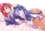  1girl bare_shoulders blush breasts cross gloves huge_breasts la_pucelle lying on_side one_eye_closed pantyhose ponzu_yuki prier red_eyes redhead smile solo thighs 