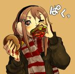  1girl blush brown_eyes brown_hair earmuffs eating food hair_ornament hairclip hamburger highres holding_food ketchup messy nara_(sikasika) one_eye_closed original pinky_out scarf simple_background solo sweater yellow_background 