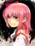  1girl alternate_hairstyle black_background bow bruise collar cuts frown hair_bow injury kaname_madoka magical_girl mahou_shoujo_madoka_magica pink_eyes pink_hair side_ponytail silverxp solo tagme 