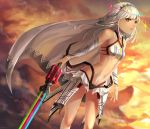  1girl attila_(fate/grand_order) bodypaint dark_skin detached_sleeves fate/grand_order fate_(series) highres long_hair midriff navel red_eyes solo sword weapon white_hair 