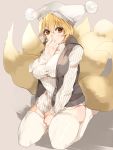 1girl alternate_costume amua animal_ears blonde_hair bottomless breasts fox_ears fox_tail full_body hat long_hair long_sleeves looking_at_viewer multiple_tails pillow_hat shadow sitting solo tail thigh-highs touhou white_legwear yakumo_ran yellow_eyes 