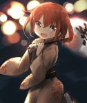  absurdres brown_eyes brown_hair cleazul fan fang highres ikazuchi_(kantai_collection) japanese_clothes kantai_collection kimono open_mouth paper_fan short_hair smile yukata 