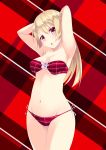  1girl bikini blonde_hair hachi_fushigi highres long_hair original plaid red_eyes standing swimsuit 