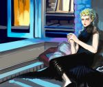  1girl black_dress blonde_hair dress genderswap giorno_giovanna jojo_no_kimyou_na_bouken light lipstick makeup night open_window orange_eyes red_lipstick sitting solo window yokozuwari zakki 