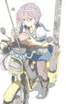  1girl akebono_(kantai_collection) bell book flower hair_flower hair_ornament kantai_collection motor_vehicle motorcycle ninimo_nimo purple_hair school_uniform side_ponytail solo vehicle violet_eyes 