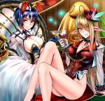  2girls bare_legs blush bowtie breasts chain_chronicle character_request cleavage cup dress drinking_glass gloves hat highres knees_up looking_at_viewer multiple_girls no_panties pointy_ears revealing_clothes shijiu_(adamhutt) sitting smile toast_(gesture) wine_glass 