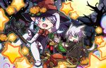  1boy 1girl animal_ears blue_eyes broom broom_riding cat cat_ears cat_tail chibi elbow_gloves final_fantasy final_fantasy_xiv gloves green_eyes grey_hair hat lalafell lavender_hair miqo&#039;te pointy_ears tail thigh-highs witch_hat 