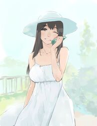  1girl akagi_(kantai_collection) brown_eyes brown_hair dress grin hat kantai_collection long_hair masato_(mirai_koubou) one_eye_closed ramune smile solo sun_hat sundress white_dress 