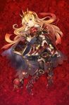  1girl armor bangs belt blonde_hair boots bow bracelet brooch cagliostro_(granblue_fantasy) cape flower full_body granblue_fantasy head_tilt jewelry kawakami_shuuichi knee_boots long_hair lying on_back parted_lips red_background red_bow red_cape red_skirt ring rose skirt solo spiked_hairband test_tube thigh-highs violet_eyes 
