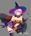  1girl armor bare_shoulders breasts cape cleavage cloak detached_collar elbow_gloves fate/grand_order fate_(series) frown gloves grey_background hair_over_one_eye halloween hat high_collar jack-o&#039;-lantern large_breasts lips looking_at_viewer midriff navel pink_hair shielder_(fate/grand_order) shiny shiny_hair shirotsumekusa short_hair simple_background skindentation solo thigh-highs violet_eyes wand witch_hat 