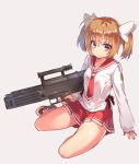  1girl ahoge assault_rifle bow brown_hair g11 gun hair_bow hidan_no_aria looking_at_viewer mamiya_akari nightmaremk2 pleated_skirt revision rifle school_uniform shiny shiny_skin shoes short_hair sitting skirt sneakers solo trigger_discipline twintails violet_eyes weapon yokozuwari 