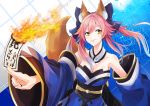  1girl animal_ears bow caster_(fate/extra) detached_sleeves fate/extra fate/grand_order fate_(series) fire fox_ears fox_tail hair_bow japanese_clothes nakaga_eri ofuda pink_hair solo tail yellow_eyes 