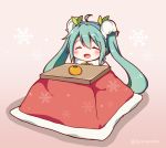  1girl blush closed_eyes food fruit green_hair hatsune_miku kotatsu long_hair smile snowflakes snowmi solo table twintails vocaloid 