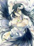  ahoge albedo black_hair breasts bridal_gauntlets feathers gloves green_eyes hand_behind_head horns large_breasts long_hair overlord_(maruyama) wings 