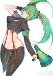  1girl breasts green_eyes green_hair hatsune_miku highres hips large_breasts looking_at_viewer midriff mukka safety_pin simple_background smile solo thighs twintails vocaloid white_background 