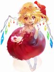  1girl ascot atsumi_jun blonde_hair bow flandre_scarlet hat hat_bow looking_at_viewer mary_janes mob_cap open_mouth red_eyes set shirt shoes short_sleeves side_ponytail simple_background skirt smile solo touhou white_background wings 