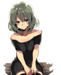  1girl :3 blue_eyes dress green_eyes heterochromia idolmaster idolmaster_cinderella_girls looking_at_viewer mole mope off_shoulder sitting smile solo strapless_dress tagme takagaki_kaede thigh-highs white_background 