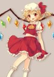  1girl blonde_hair bow flandre_scarlet hat kurumi_(69a4y) open_mouth red_eyes ribbon short_hair side_ponytail smile solo touhou wings 