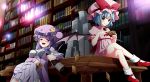  bat_wings blue_hair blush book bow card crescent crescent_hair_ornament dress drunk frilled_dress frills futoumeido hair_bow hair_ornament hair_ribbon hat hat_ribbon holding holding_card library long_hair multiple_girls patchouli_knowledge playing_card playing_games purple_hair red_eyes remilia_scarlet ribbon short_hair sitting striped table touhou very_long_hair violet_eyes voile wine_bottle wings 