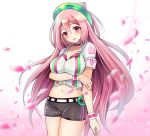  1girl alternate_costume blush breast_rest breasts cleavage hacka_doll hacka_doll_2 hairband highres impossible_clothes large_breasts long_hair looking_at_viewer midriff open_mouth pink_eyes pink_hair shiawase_usagi shorts smile solo 