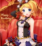  ayase_eli blonde_hair blue_eyes blush dress long_hair love_live!_school_idol_project necktie ponytail smile sofa 